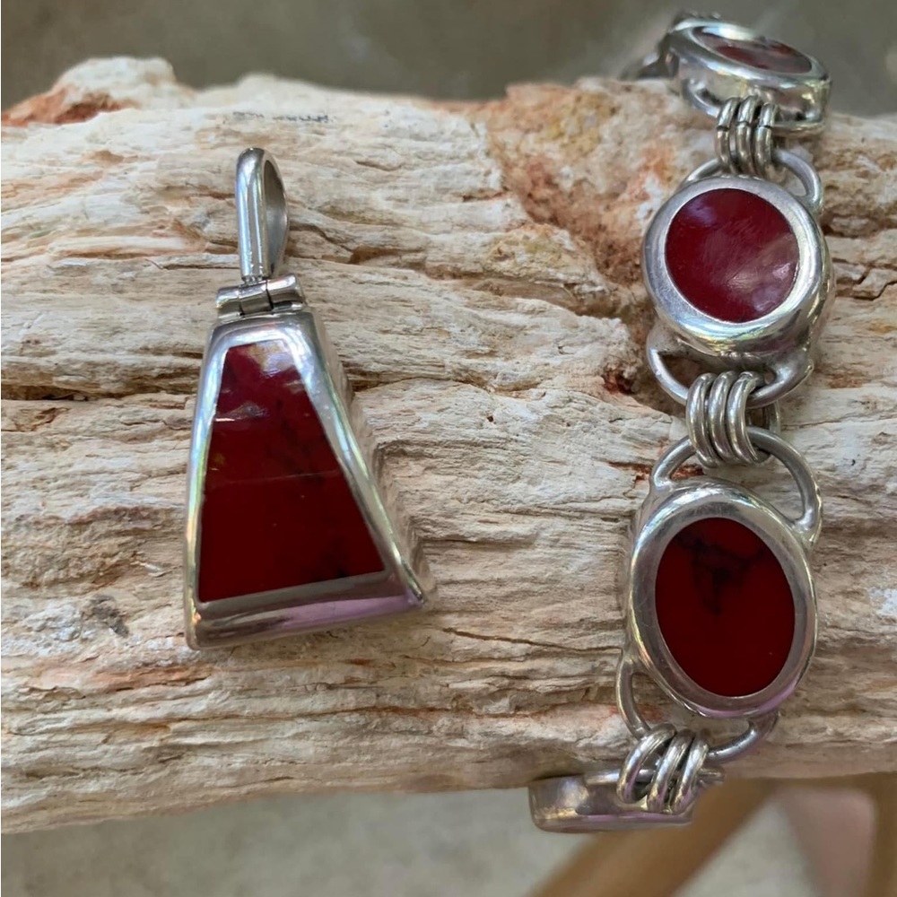 Mexico Sterling Silver 925 Red Jasper Pendant & Bracelet Set